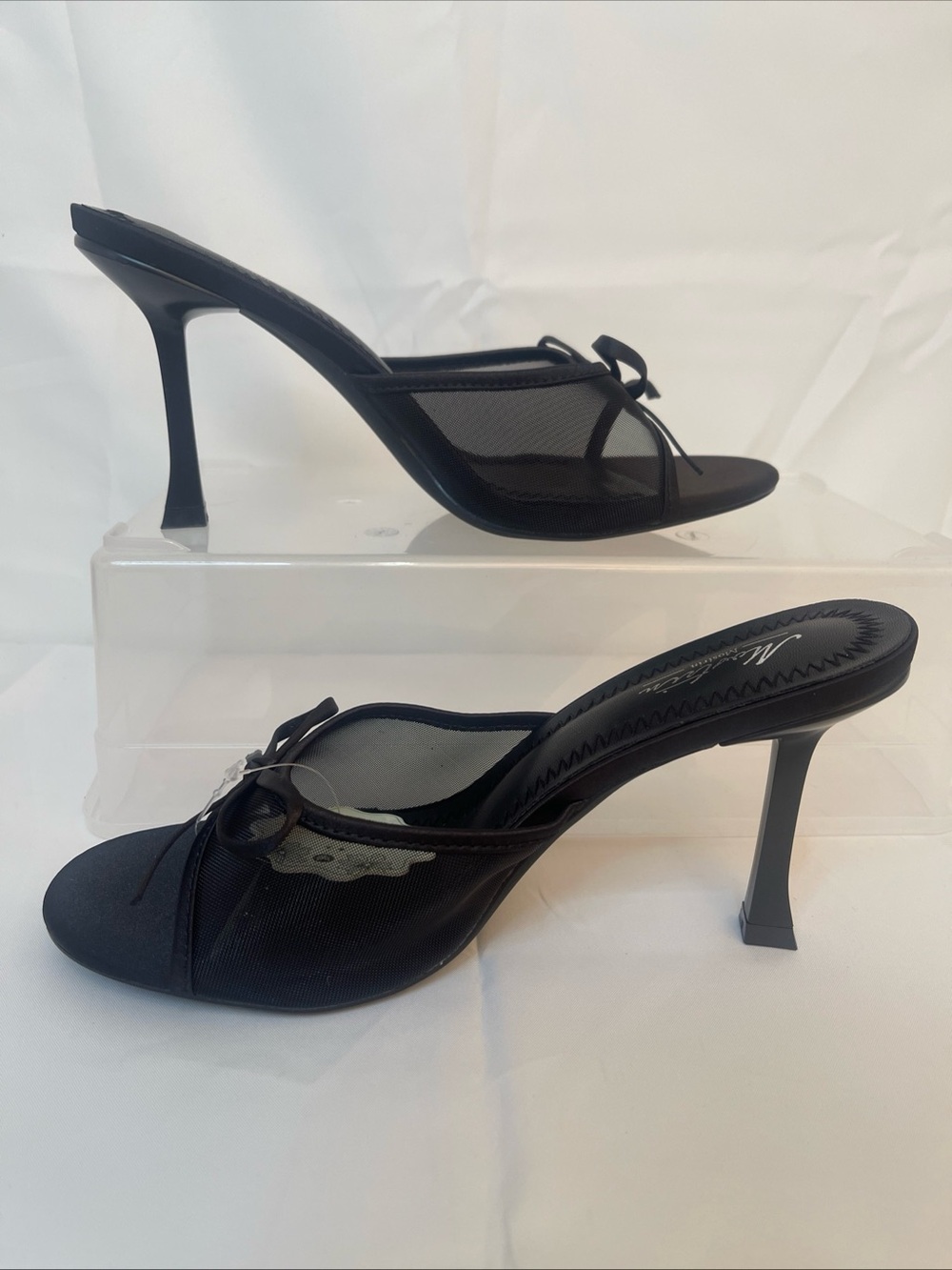 Black Mesh High-Heel Slide with Bow Detail